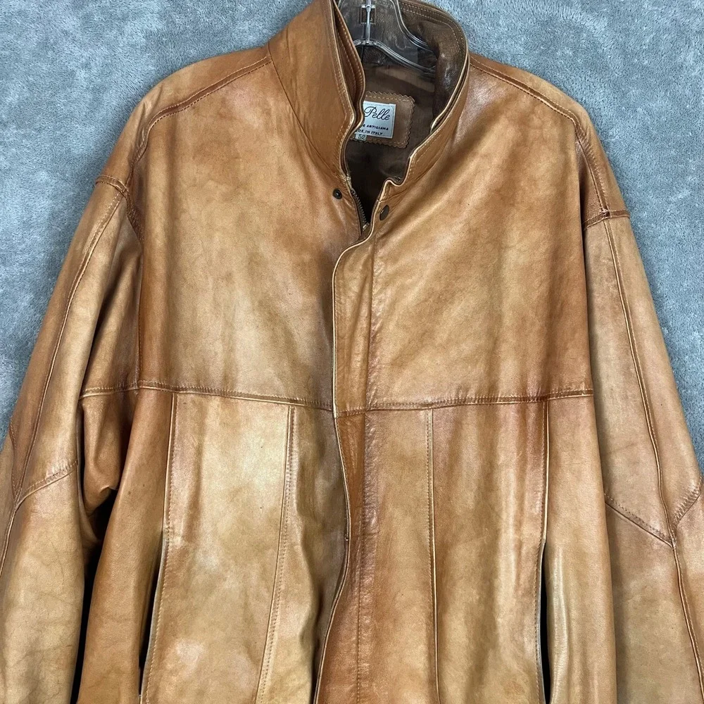 Vintage Vera Pelle Leather Bomber Jacket Mens‎ 52 Made In Italy Viscose Wool